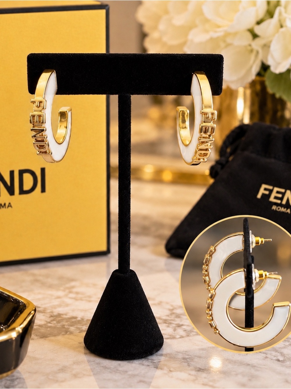 White and Gold Enamel Logo Hoop Earrings